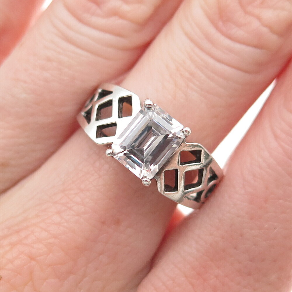 925 Sterling Silver Vintage Emerald-Cut C Z Ring Size 8